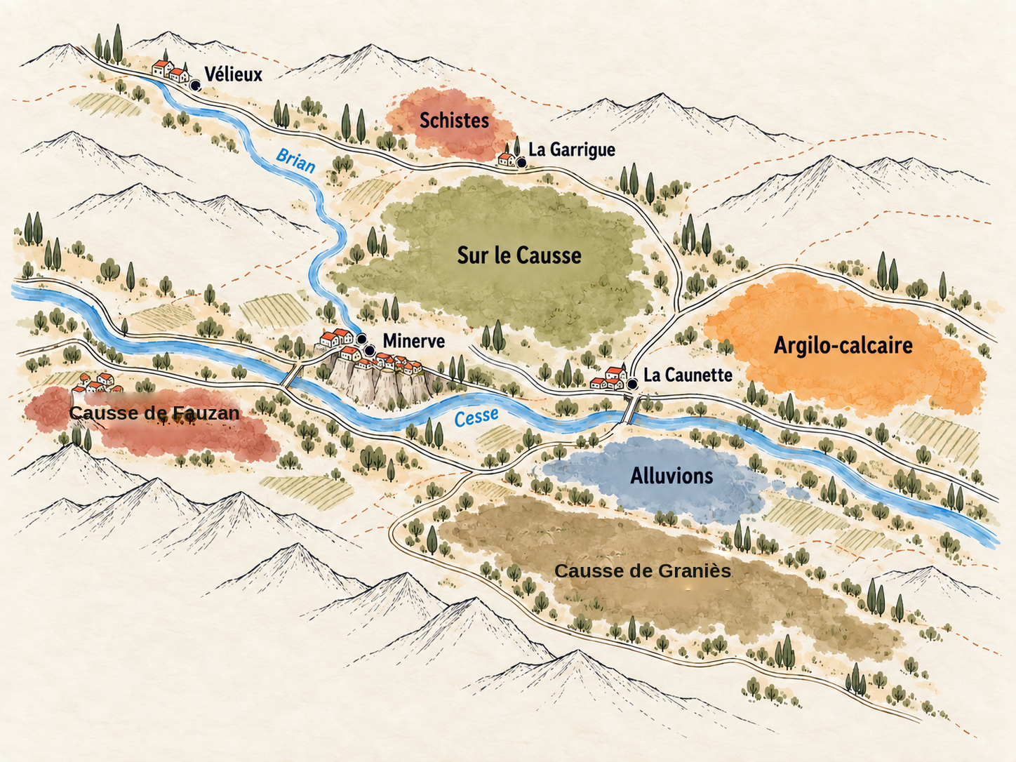 Carte aquarellée des terroirs du Château Coupe-Roses